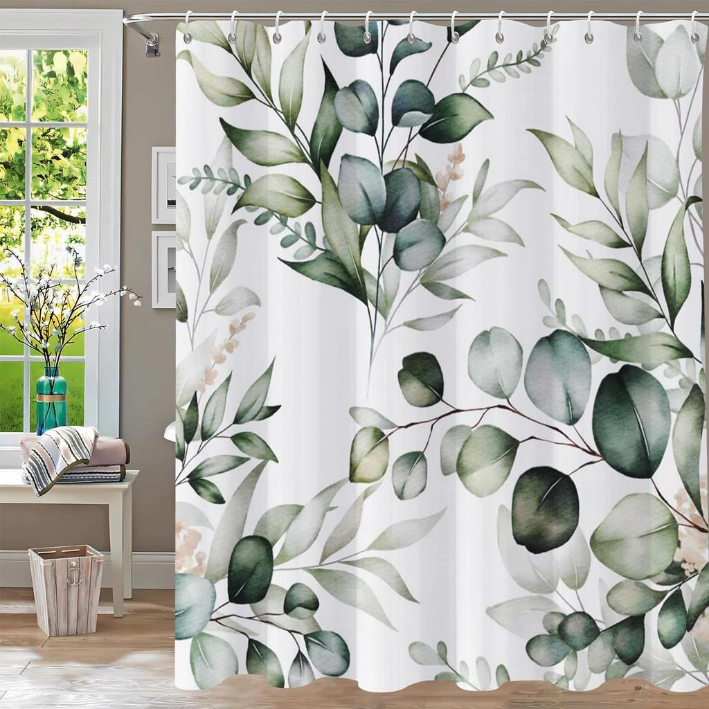 Tropical Green Leaves Plant On White Background Odorless Shower Curtains for Bathroom Showers and Bathtubs Decor with Hooks