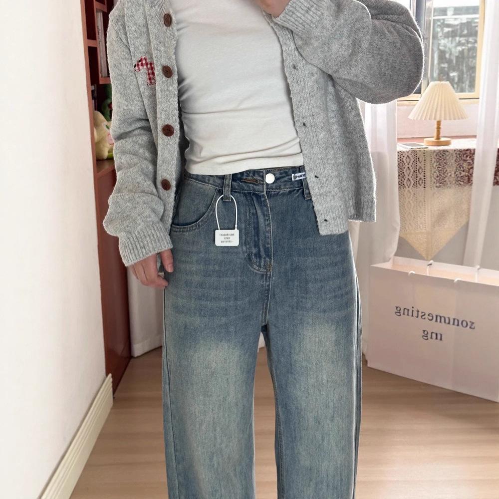 Женские ретро синие джинсы прямого кроя больших размеров на флисовой подкладке для осени/зимы