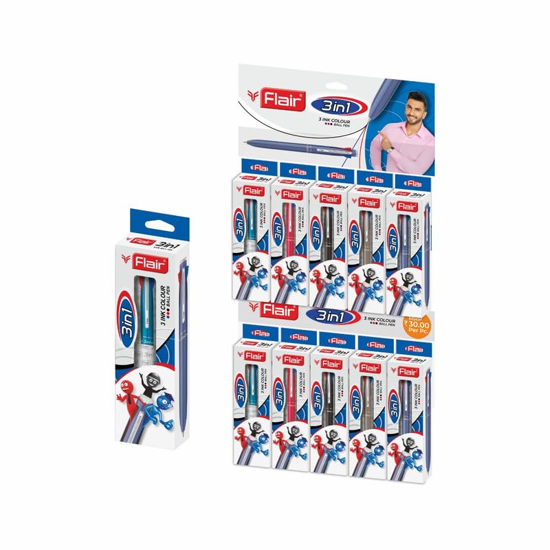 Flair 3 in 1 Retractable Ball Pen, Pack of 4, Blue Black Red Ink, Smooth Writing for Office School & Home