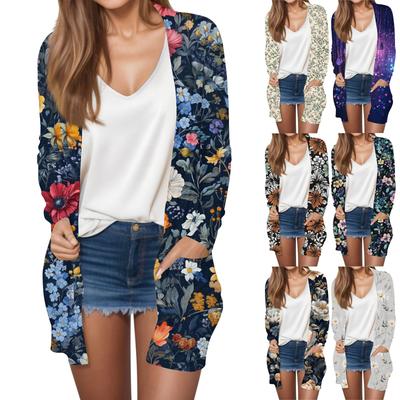 Женская модная повседневная куртка-кардиган средней длины в стиле ретро с цветочным принтом