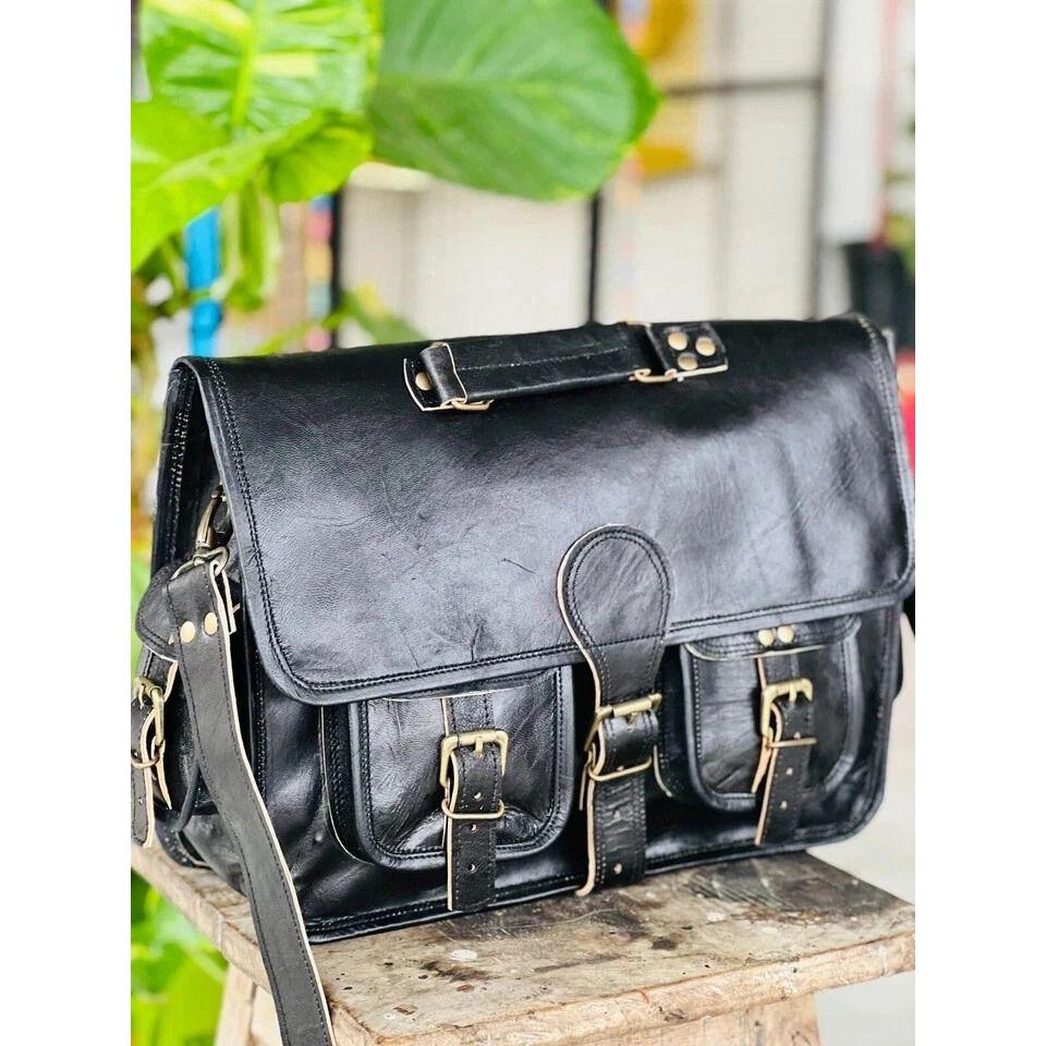 Men's Black Certified Leather Messenger Shoulder Bag Laptop Briefcase Travel