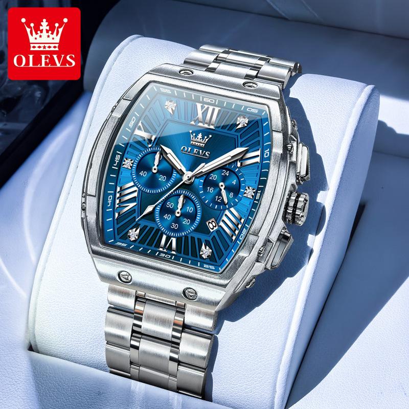 OLEVS Tonneau Watch Men Luminous Waterproof Date Stainless Steel Chronograph Quartz Watches for Men