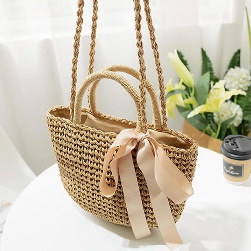 New Arrive Handmade Straw Bags Ribbons Bowknot Beach Knitting Handbags Tote Shoulder Bag