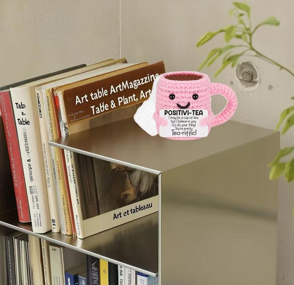 Funny Crochet Positive Pink Tea Cup Doll with Motivational Card Handmade Emotional Support Cup Desktop Ornament for Women Friend
