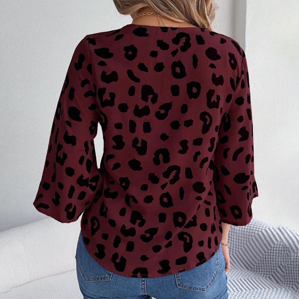 Women Spring Autumn Temperament Leopard Print V-Neck Long Sleeve Shirt Blouses