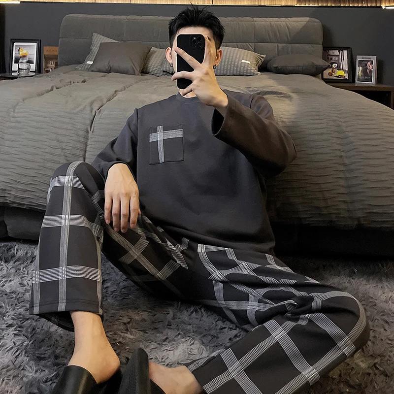 Осенний комплект из двух частей с длинными рукавами из хлопка, весенние длинные штаны, пижама для молодежи, мужская домашняя одежда, полосатая ночная рубашка для мальчика
