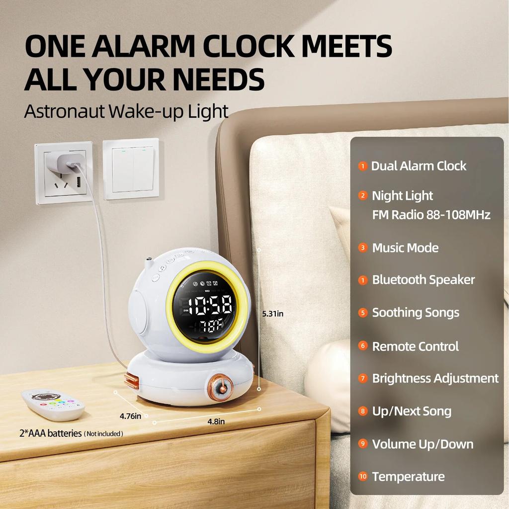 Remote Wake Up Light Alarm Clock with Sunrise Simulation Astronaut Dual Alarms Wireless Speaker FM Radio Nightlight Bedside Lamp