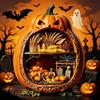 Detailed Halloween Scene Decor Centerpiece Pumpkin, Wooden Pumpkin Ornament with Miniature Scenes, Rustic Unique Table Centerpieces Skeleton