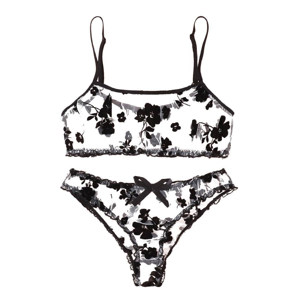 Women's Sexy Lingerie Two-piece Flocking Black Mesh Seductive Sexy Lingerie EMA
