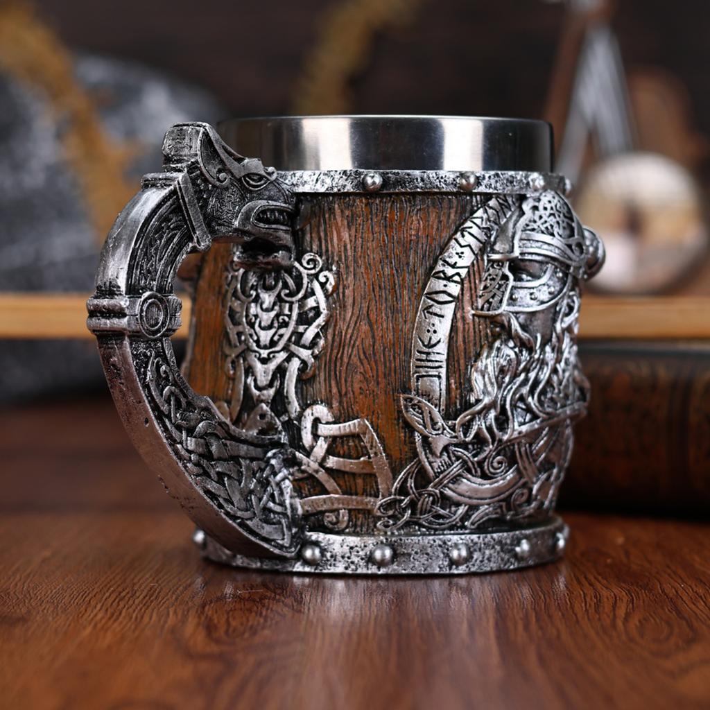 Medieval Viking Dragon Beer Mug Stainless Steel Lined Resin 450ML Large Capacity Barrel Mug Halloween Home Decoration