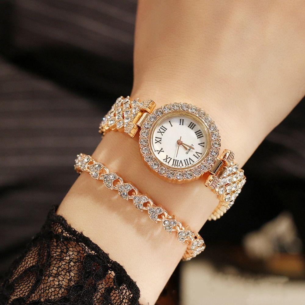 Luxury Women's Wristwatch Silver Watch Bracelet Set Trendy Rhinestone Quartz Watches Festival Gift