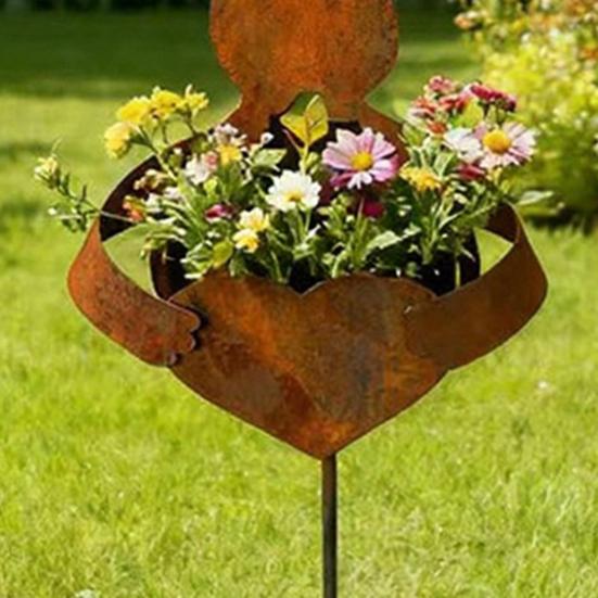 Easter Vintage Metal Rabbit Shaped Planter Garden Stake Rustic Bunny Silhouette Yard Decor with Patina Finish for Outdoor Garden Spring Flower Plants