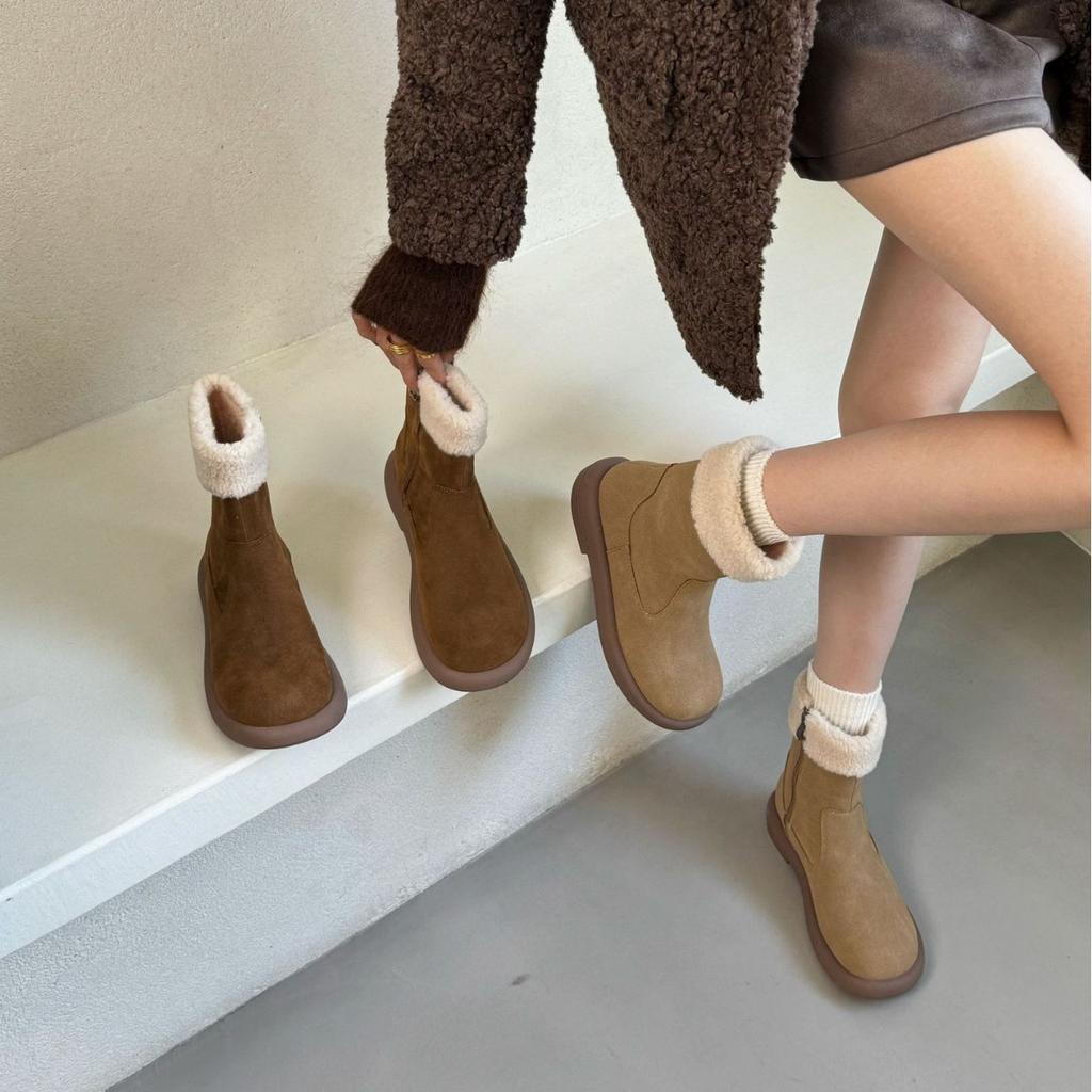 Thick-soled matte leather snow boots women's shoes 2025 new autumn and winter piled thickened cotton shoes warm fluffy boots short boots