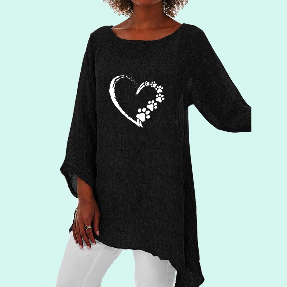 Женская мода, хлопковая и льняная свободная рубашка, весна и лето, топ с длинными рукавами и сердцем 3/4, женские повседневные блузки с круглым вырезом