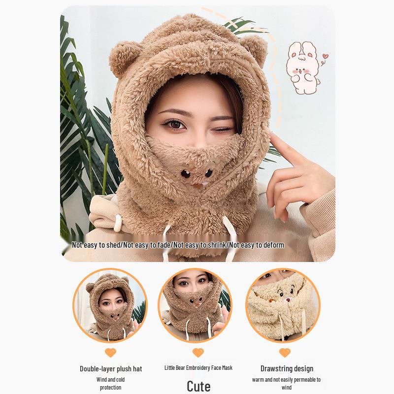 Новый женский цельный капюшон и шарф: Плюс Бархат, Утолщенный, Теплый, Плюшевый, Зимний Холод и Защита Ушей, Грелка для Шеи, Милый Дизайн.