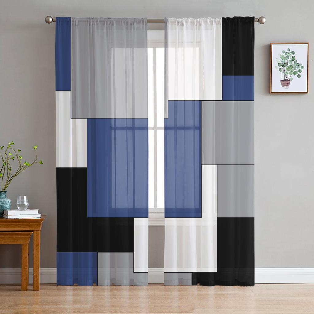 Black Grey Patchwork Abstract Art Sheer Curtains for Living Room Decoration Window Curtains Kitchen Tulle Voile Organza Curtains
