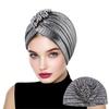 Women Top Hat Rhombus Rhinestones Decor Pleated Turban Hat Golden Plated Embellished Hat Elastic Design Headwear