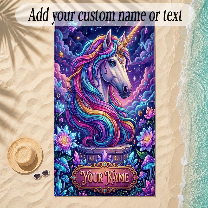 Unicorn Theme Soft Beach Towel Personalized Custom Name Text Towel Portable for Beach Pool Travel