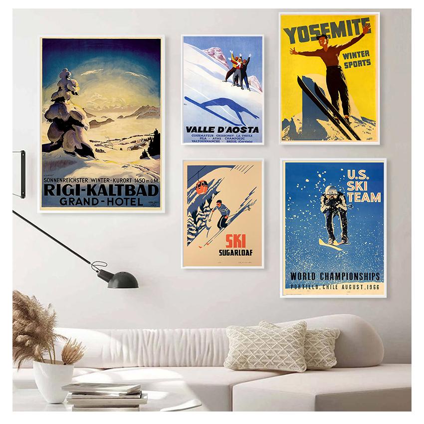 Винтажные настенные крафт-постеры с покрытием, настенные наклейки для украшения дома, фотографии в стиле ретро, ​​лыжи в Альпах, Швейцария, холст, живопись, катание на лыжах