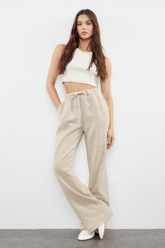 Women's Style Trousers Beige 100% Tencel Elastic Waist High Waist Jeans