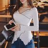Spring and Autumn Fashion Sexy Slim Fit Irregular Top Heart Machine V-neck Contrast Asymmetric Long Sleeve Underlay Shirt
