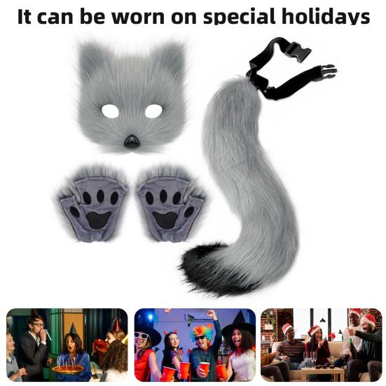 Furry Therian Costume Set for Girls Women Faux Fur Tail Plush Masque Fluffy Paw Gloves Set Fox Cat Wolf Animal Cosplay Accessories for Halloween