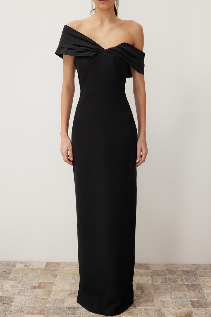 Women's Fashion New Evening Dress & Graduation Dress Black Fitted Asymmetrical Collar Poplin Detailed Long Evening Evening Dress