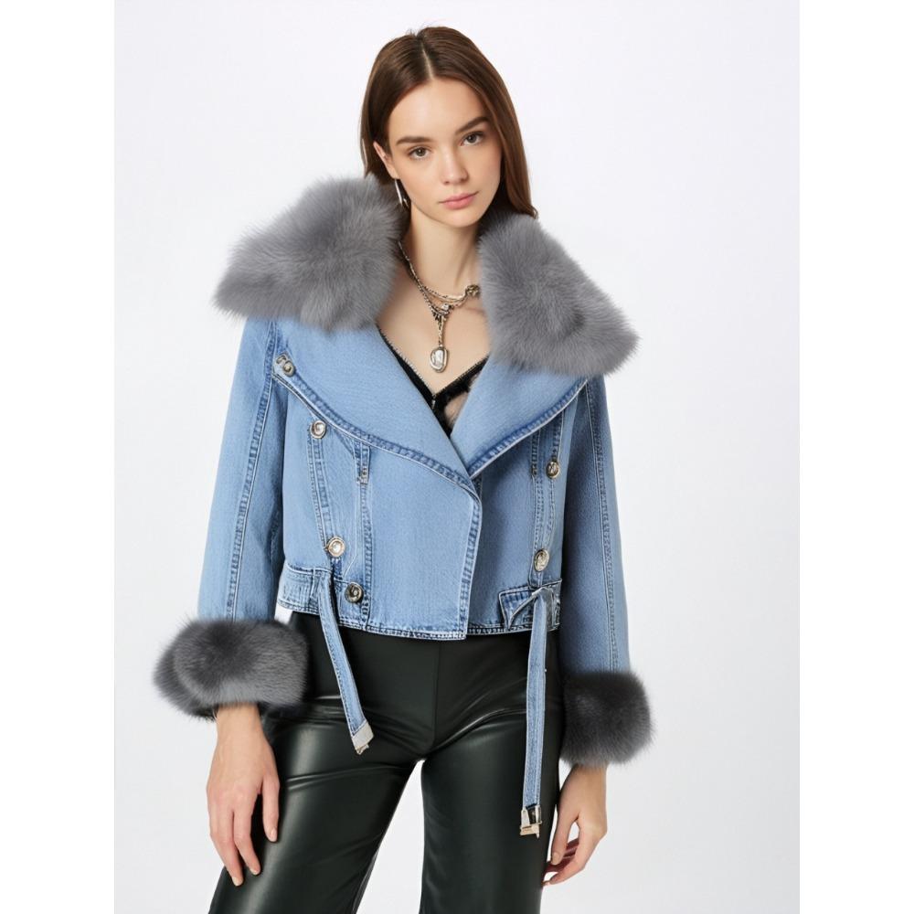 2024 Новое женское джинсовое пальто с воротником из искусственного меха лисы, зимняя куртка, женские короткие теплые парки, подкладка из кроличьей шерсти, верхняя одежда, модное пальто