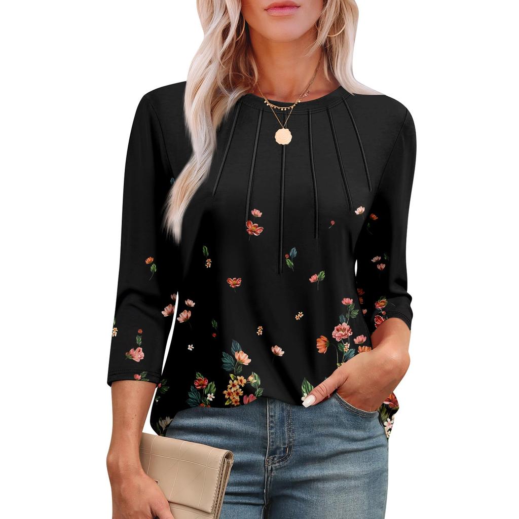 Women's Fashionable Round Neck 3/4 Sleeve Printed Casual Basic Pleated Pullover T-shirt Top