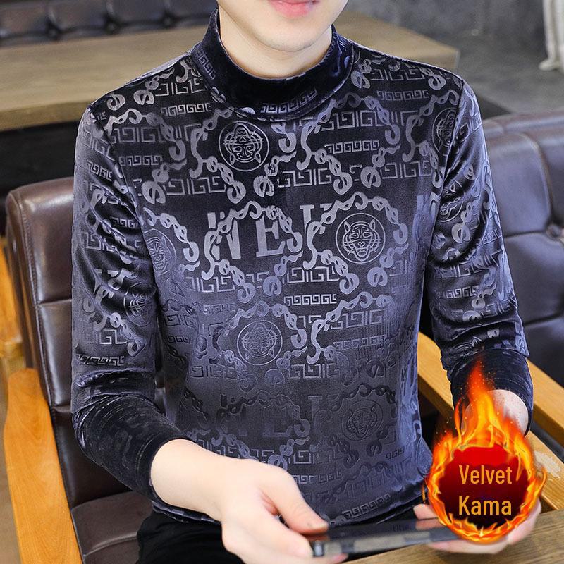 Мужская модная толстовка из золотистого бархата со средней горловиной и длинными рукавами - плотная, теплая, осенне-зимняя футболка с полувысоким воротником