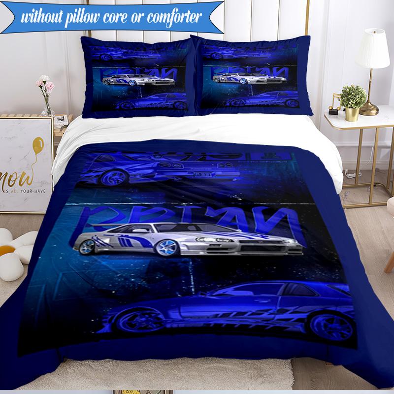 3PCS Skyline Blue Racing Spirit Speed Style Bedding Set 2D Printing (Includes 1 Duvet Cover + 2 Pillowcases Coreless), Bedroom decor,Fan gift