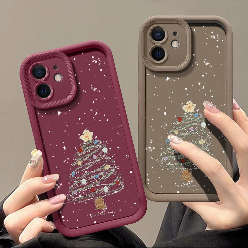 Конфетный цвет ТПУ мягкий чехол для iPhone 17 16 Pro 15 14 Plus 13 12 11 Pro Max Xs Xr 8 7 мультяшный узор рождественской елки противоударный чехол для защиты объектива