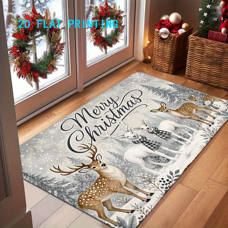 1pc, 2D Flat Printing, Christmas Reindeer Theme Merry Christmas Indoor Doormat, Non-Slip And Machine Washable Easy to Clean Polyester Carpet, Suitable