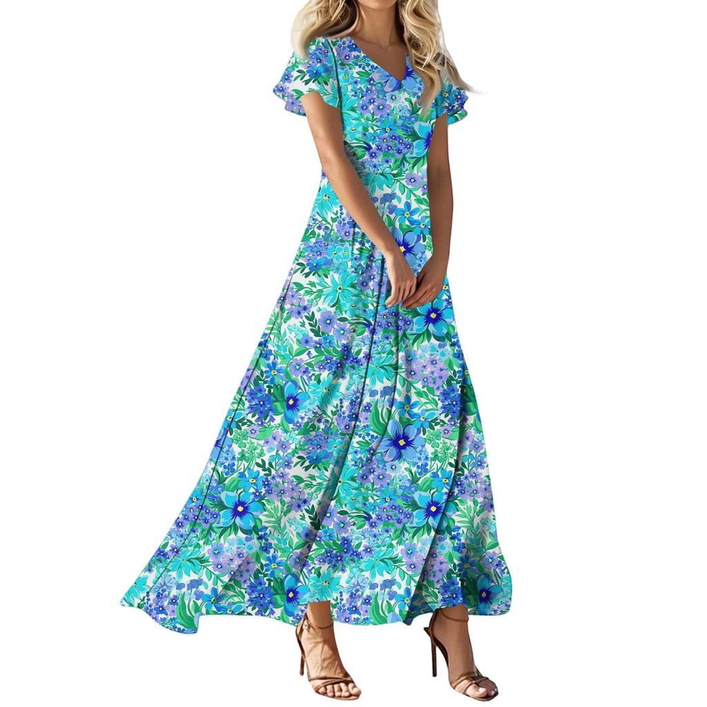 Женское платье макси в стиле бохо, женское летнее платье с коротким рукавом, весеннее повседневное платье А-силуэта с V-образным вырезом, летний пляжный сарафан для отдыха