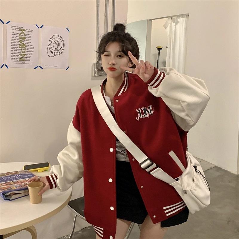 Danmo Letter Printed Baseball Jacket Womens Fall Jackets Bomber Jacket Women Coats Fleece