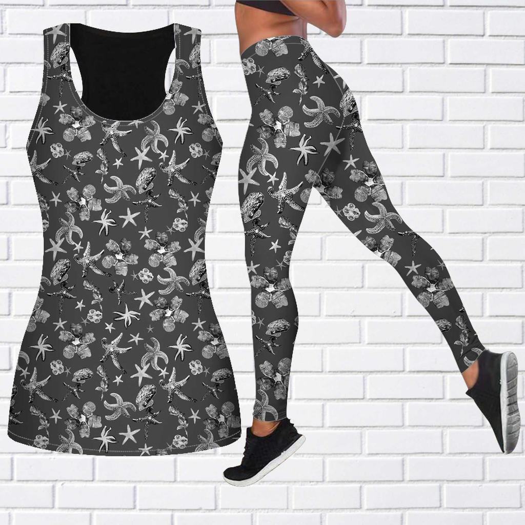 Фиолетовый наряд для йоги с принтом морской звезды для женщин, модные леггинсы для тренировок, спортивные повседневные штаны для фитнеса и йоги