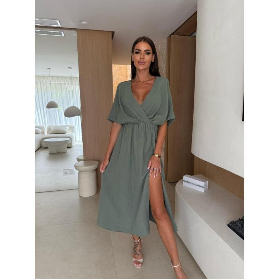 YYFS Женская мода, лето, весна, сплошной цвет, принт, рукава 1/2, v-образный вырез, высокая талия, повседневные платья