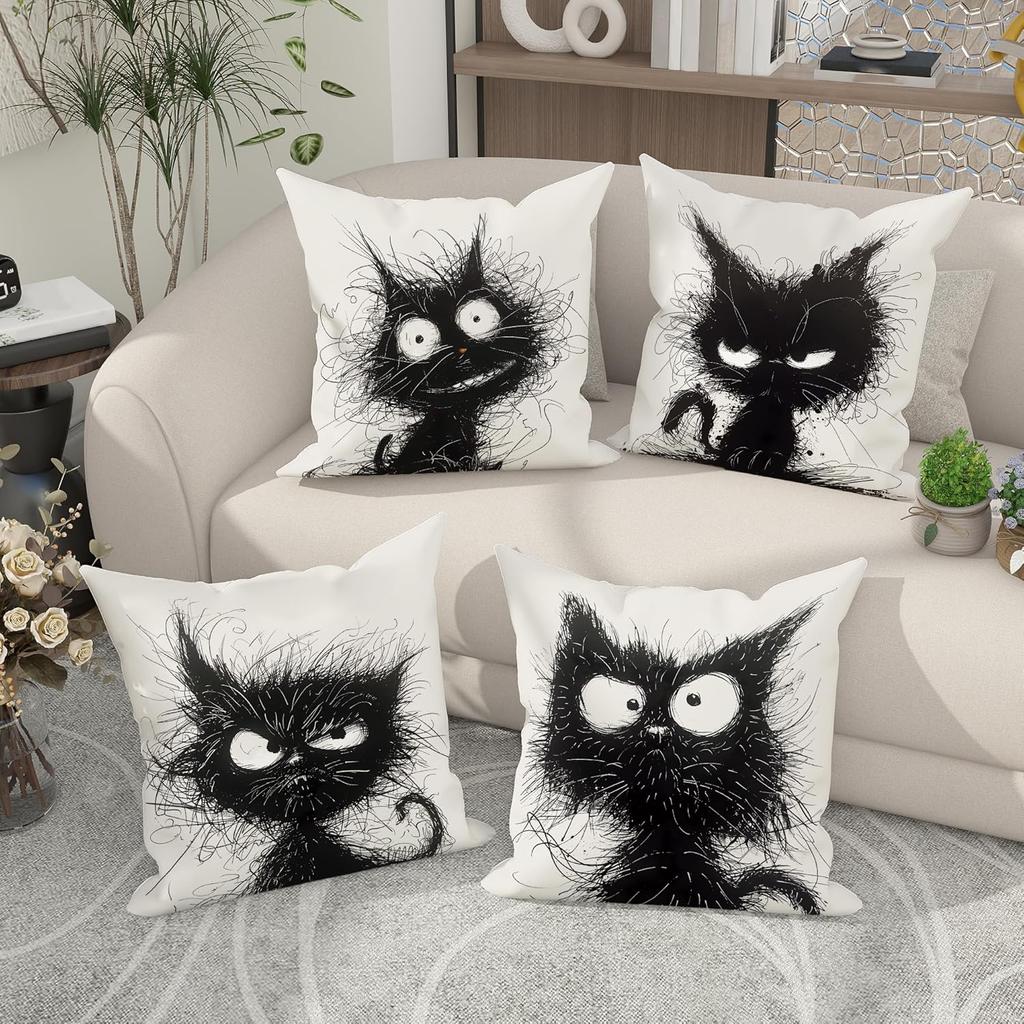 Funny Black Cat Throw Pillow Covers 18x18 Set of 4, Cartoon Gothic Pet Pillow Cases Kit with Zipper, Fun Kids Goth Cat Pillows for Cat Lovers Velvet