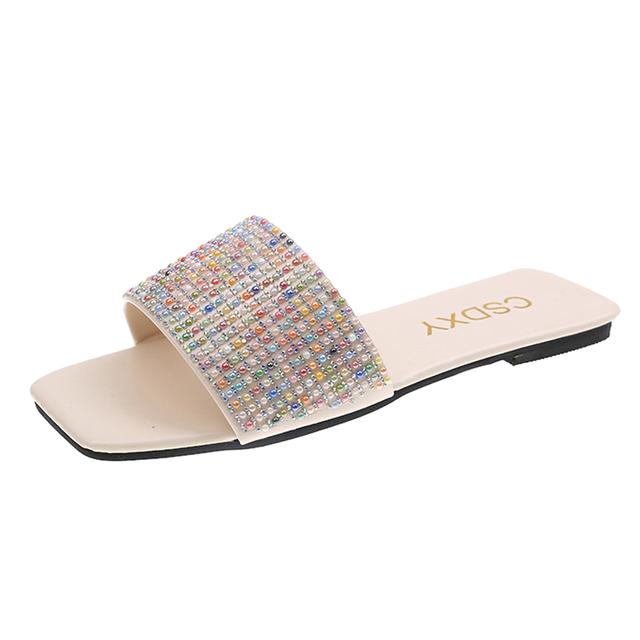 Rimocy модные женские летние шлепанцы с квадратным носком и жемчугом, сандалии на плоской подошве, женские уличные пляжные шлепанцы, повседневная обувь, большие размеры
