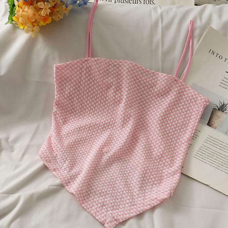 Летний короткий топ в клетку с открытым пупком, женский новый стиль, милый жилет внутри