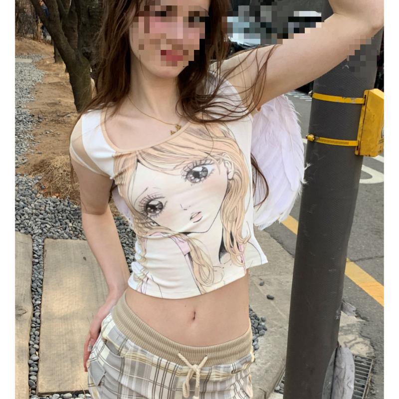 Футболка с принтом аниме и круглым вырезом в европейском и американском стиле с контрастными цветами для горячих девушек