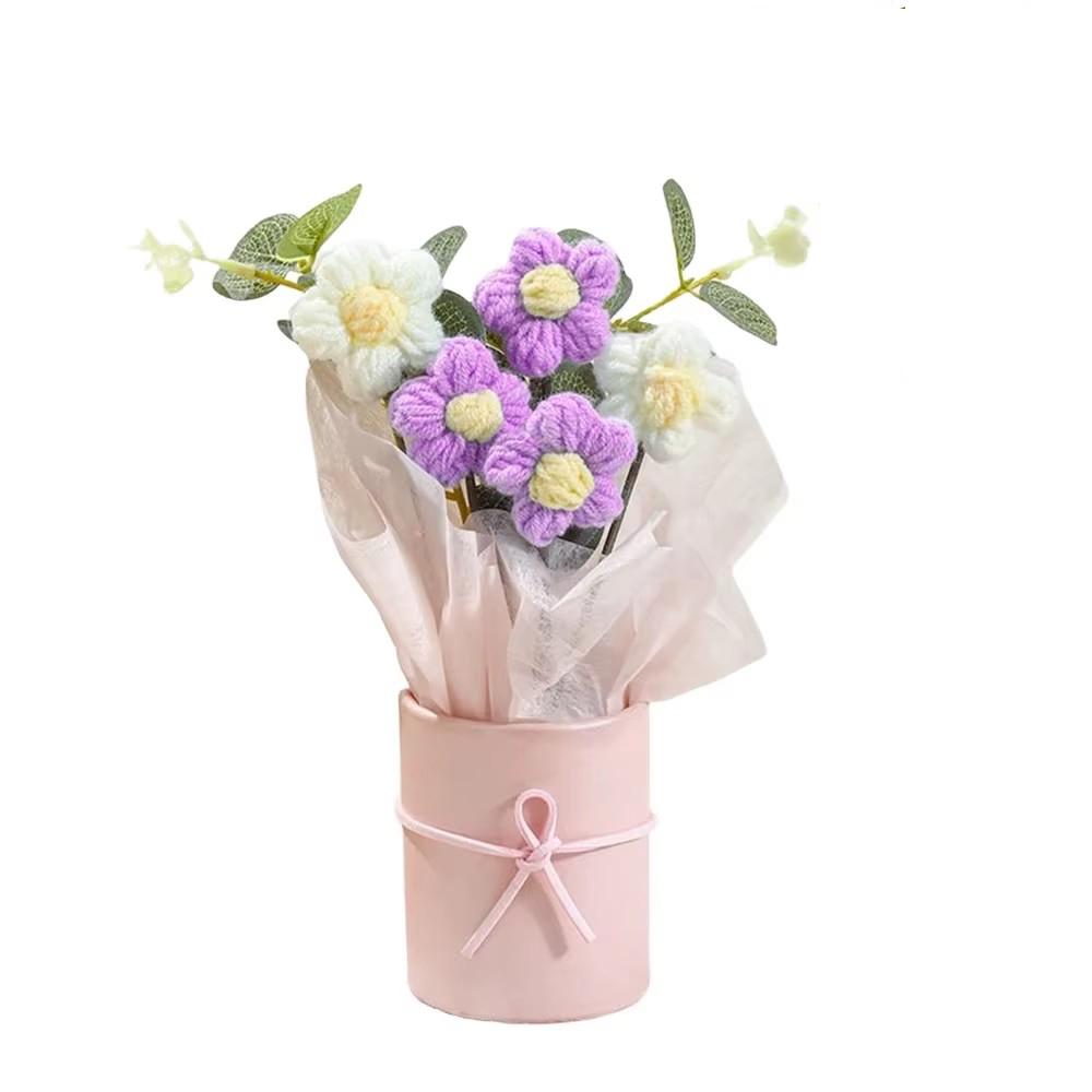 Forever Knitted Flower Bouquet Handmade Puff Crochet Roses Eternal Flower Gift for Mothers Day Teachers Day Home Decor Ornament