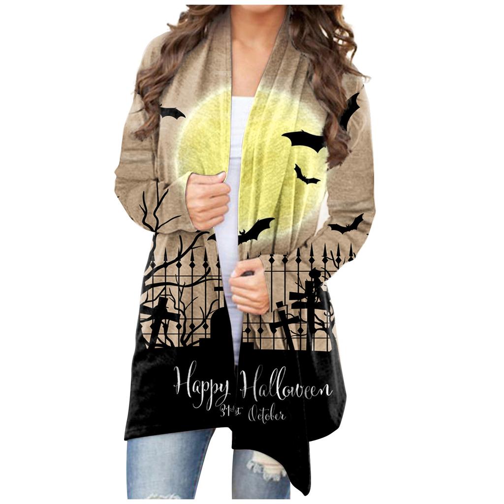 Женский кардиган, свободное повседневное верхнее пальто с карманами и длинными рукавами с принтом Хэллоуина