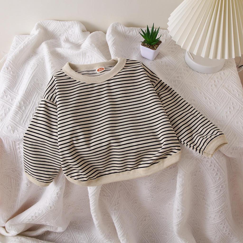 Детская одежда весна/осень 2024: Футболка для мальчиков и полосатый свитер для девочек, свободный крой, длинный рукав