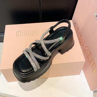 Новые летние универсальные сексуальные сандалии с тонкими ремешками, украшенные сверкающими бриллиантами, на толстой подошве и толстом каблуке, удобная женская обувь