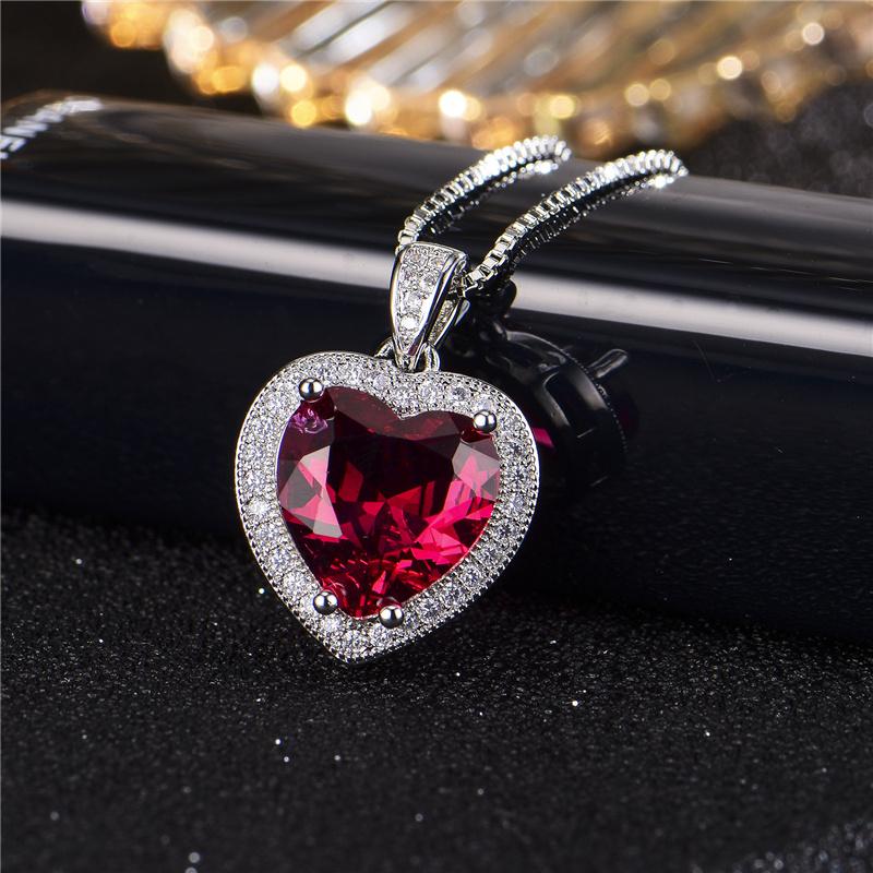 Bright Crystal Red Heart Pendant Necklace for Lady Engagement Accessories Trendy 925 Silver Necklace Choker Women Jewelry Gift