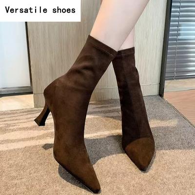 Остроносые женские сапоги-носки, модные элегантные туфли для выпускного бала, толстые каблуки, женские современные короткие сапоги