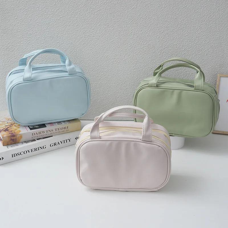 WTEMPO Простые однотонные большие емкости с двойной молнией из искусственной кожи косметички повседневные дорожные чехлы для хранения косметики из искусственной кожи