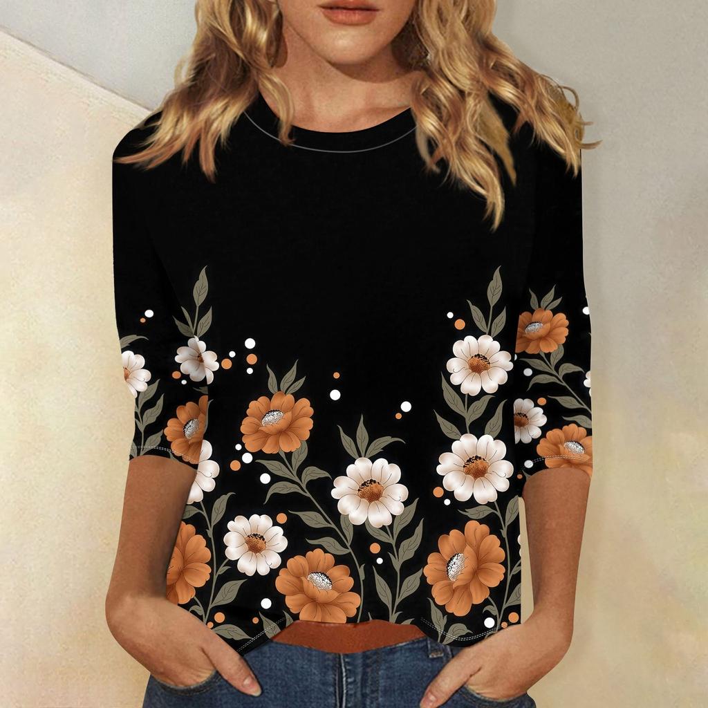 Женская модная футболка с цветочным принтом и круглым вырезом, рукав три четверти, повседневный топ
