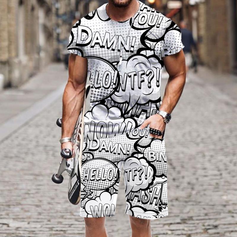 Летняя мужская футболка, комплект, забавная футболка с коротким рукавом в стиле хип-хоп, шорты, спортивный костюм из 2 предметов, красочный повседневный спортивный костюм, одежда унисекс